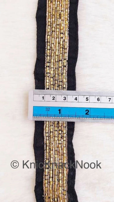 Black / Red Art Silk Fabric Trim With Gold Bugle Beads Embellishments And Gold Embroidery, Beaded Trim,